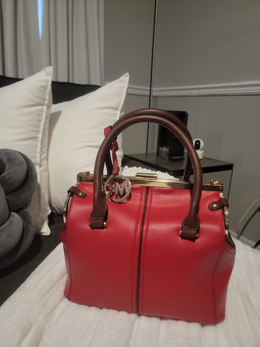 Michael Kors Red Leather Satchel with Brown Handles and Gold Accents